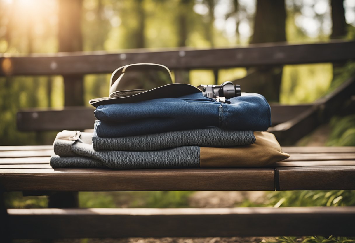 hiking clothes on a bench in a forest