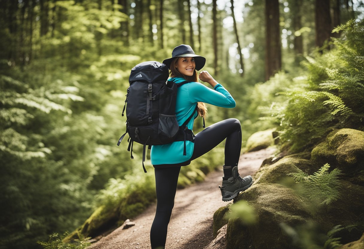 woman hiking in a forest with big trees. She wears a big bag