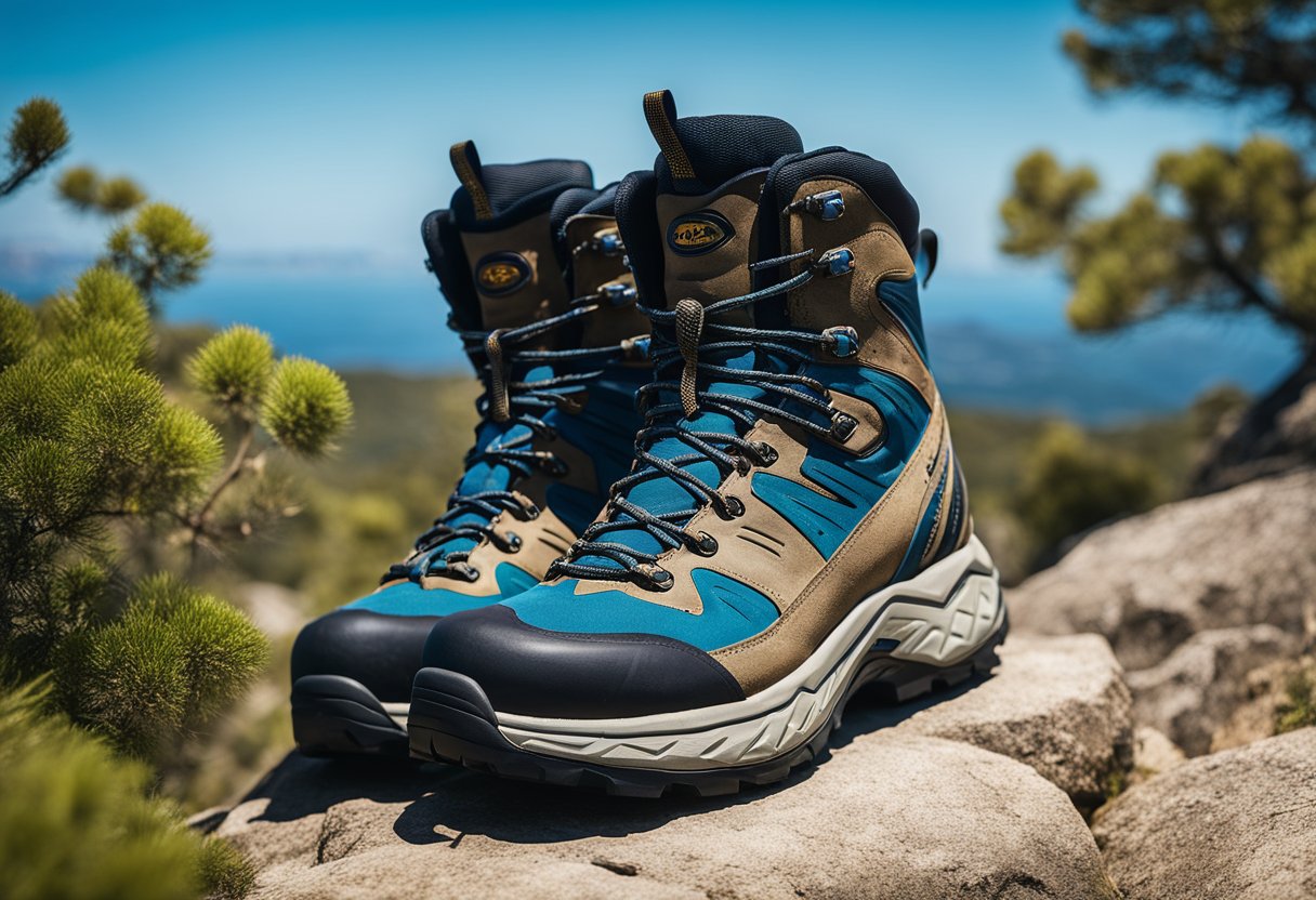 blue mixed with brown hiking boots