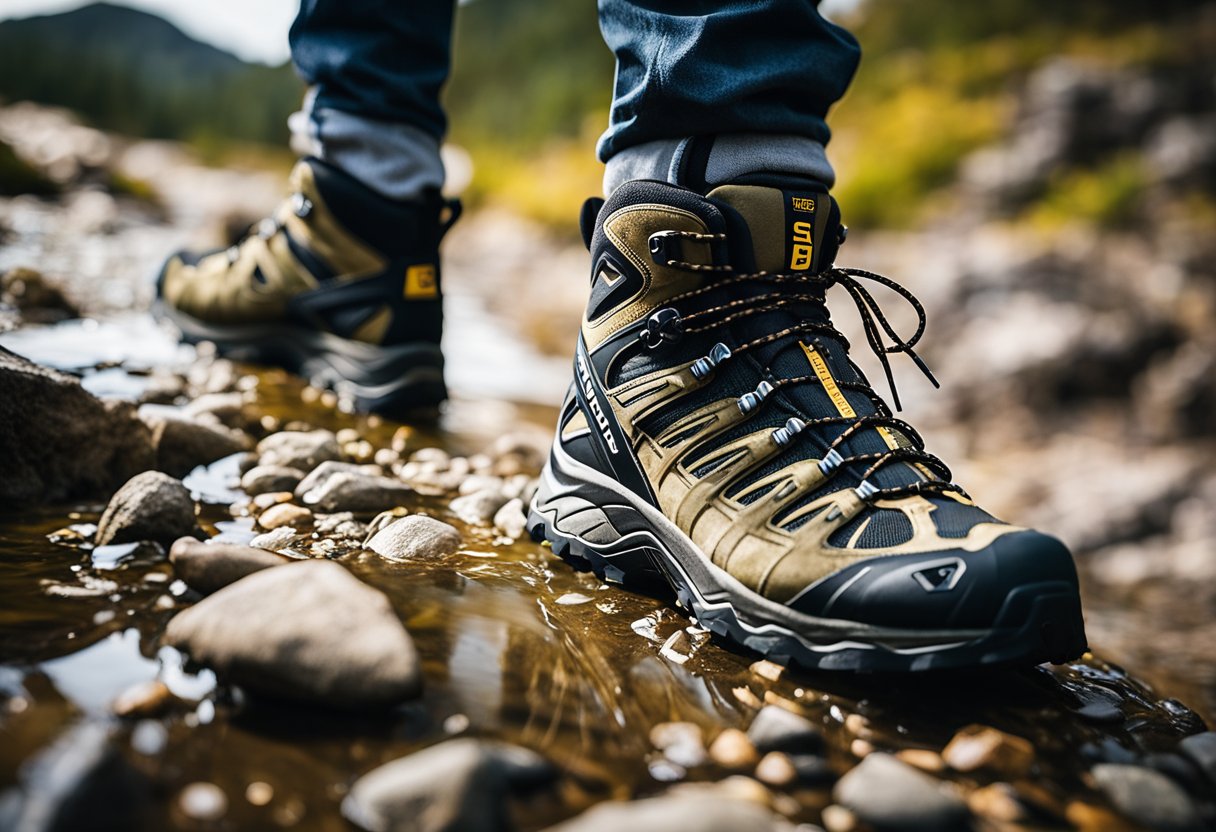 hiking boots standing on little stones with water