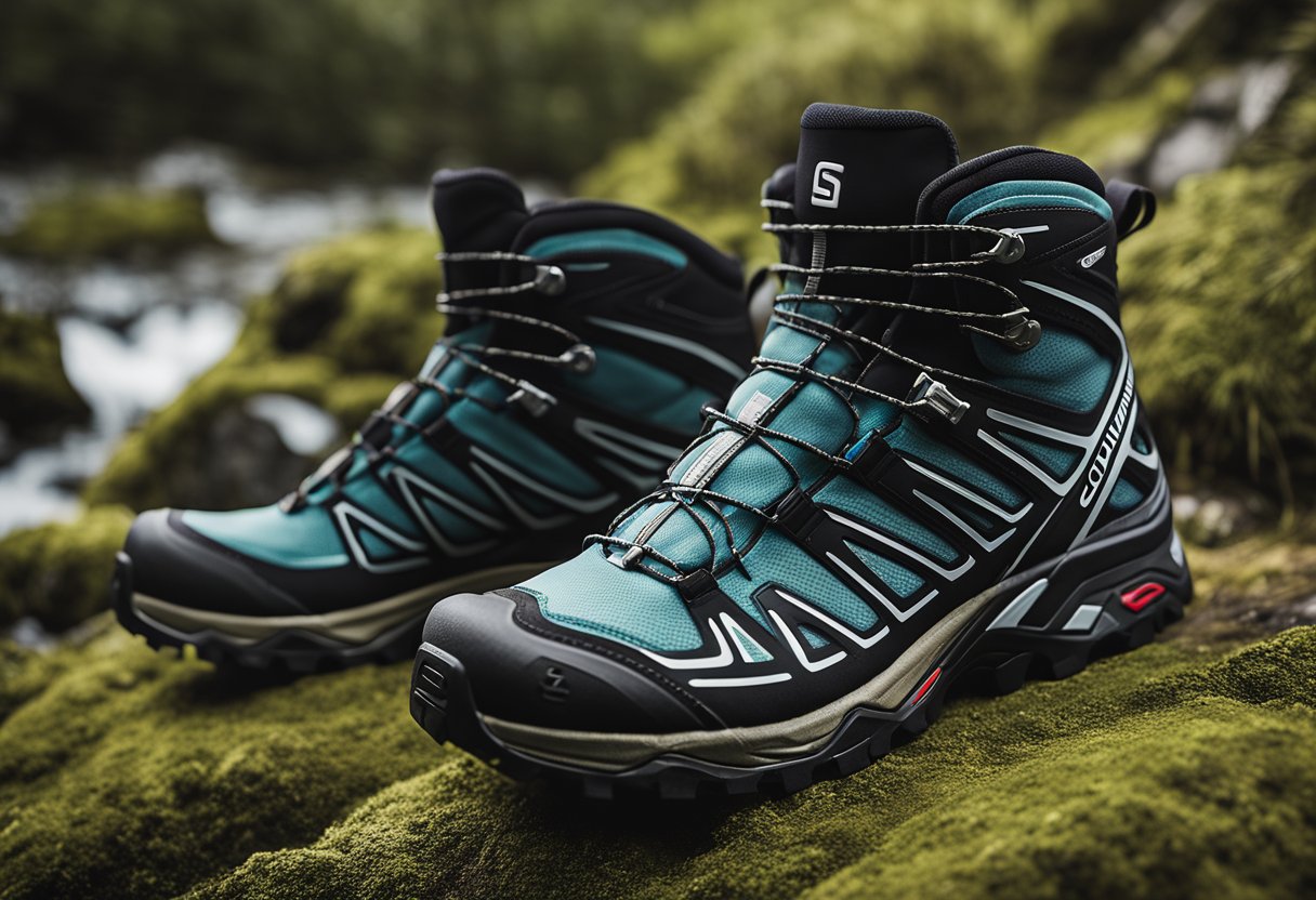 blue and black hikings from the company salomon in a forest