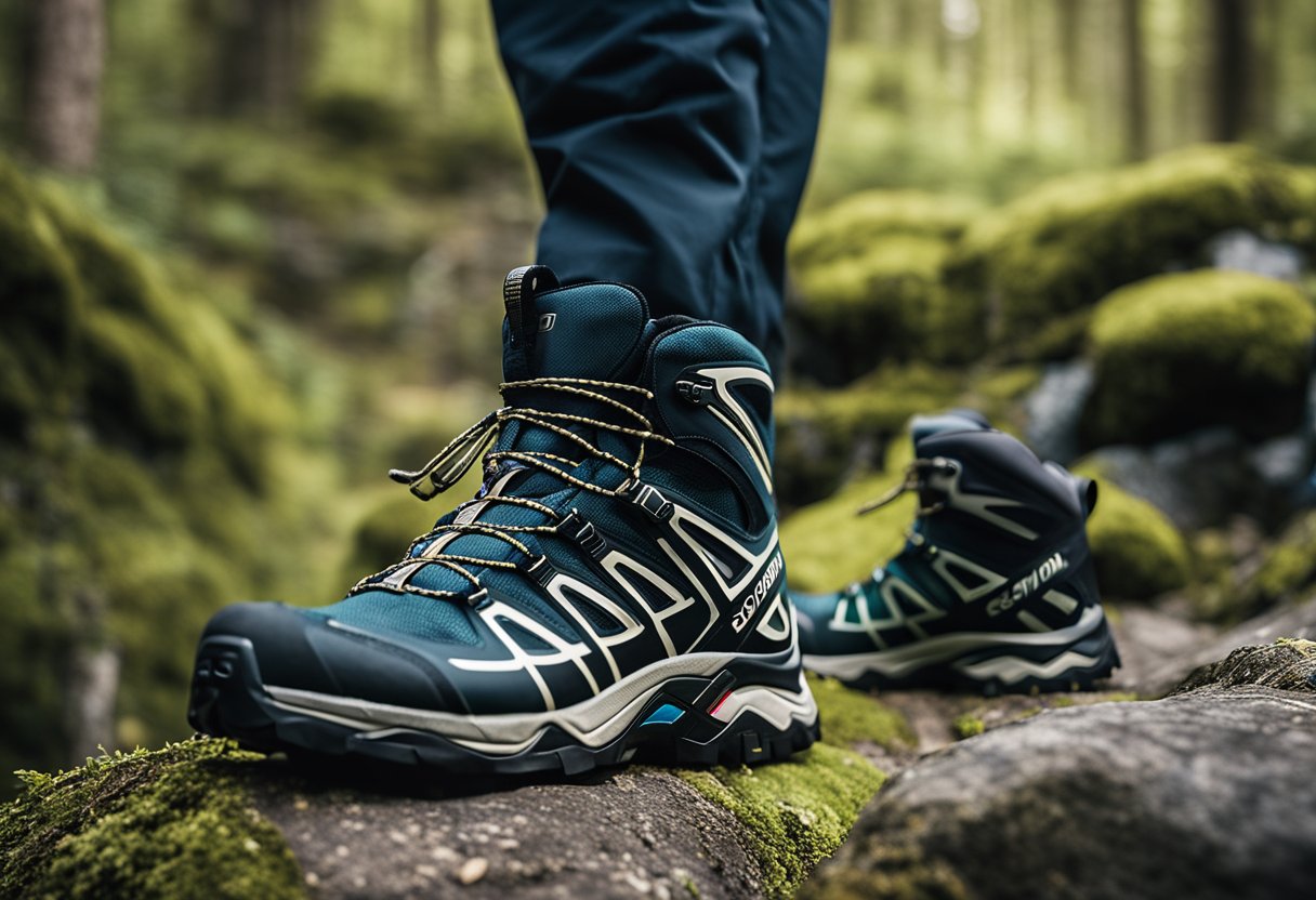 a pair of hiking boots between trees