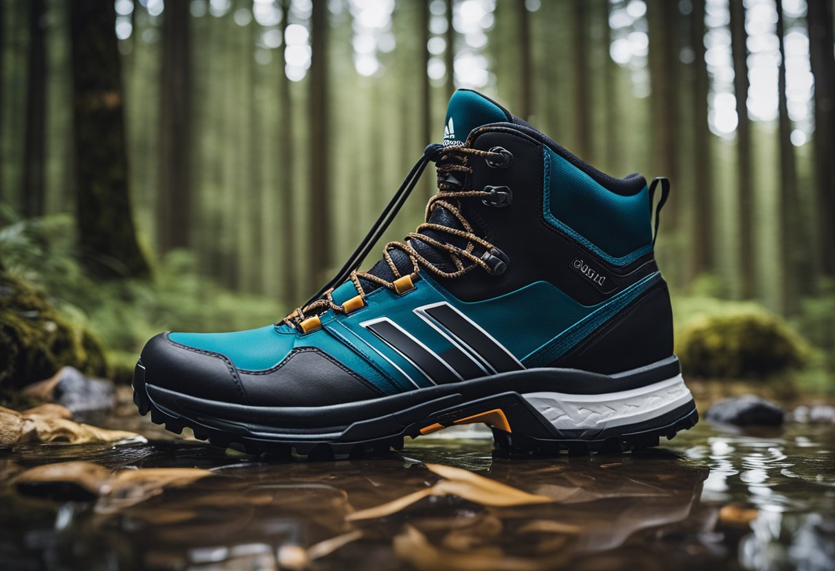 a single adidas boot in a forest