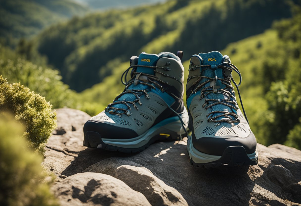 grey hiking boots on a mountain. behind is a forest