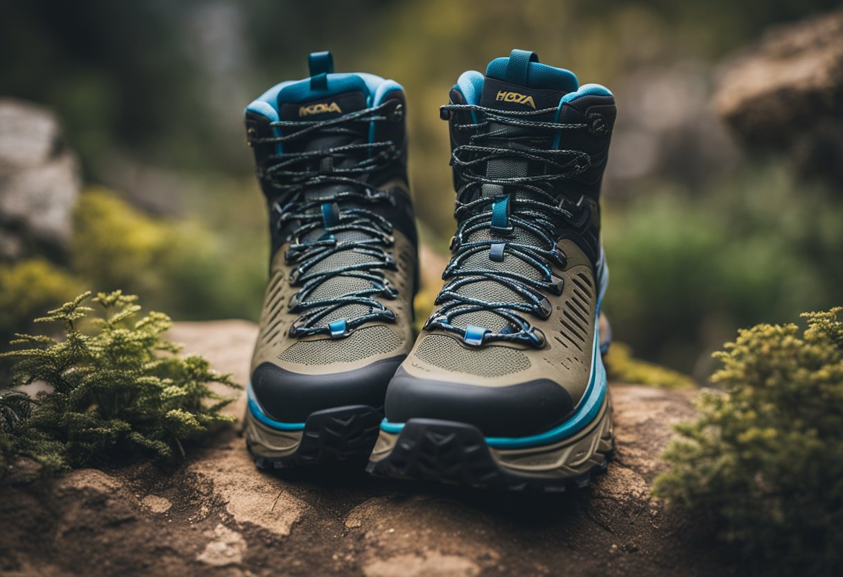 blue and brown hiking boots
