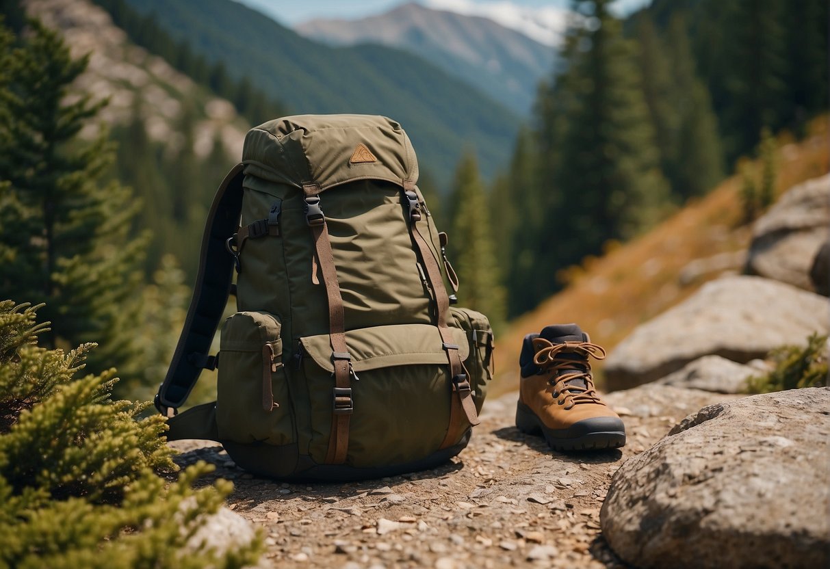 A backpack on a hill with a shoe