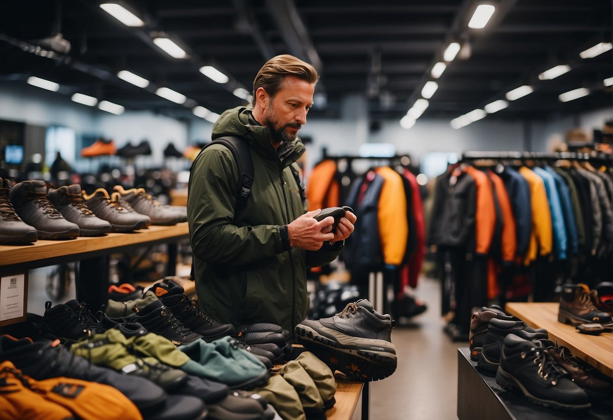 a men standing in a  hiking store while looking for new clothes