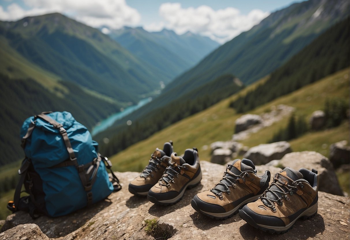 two pairs of hiking boots and a backpack standing on a stone