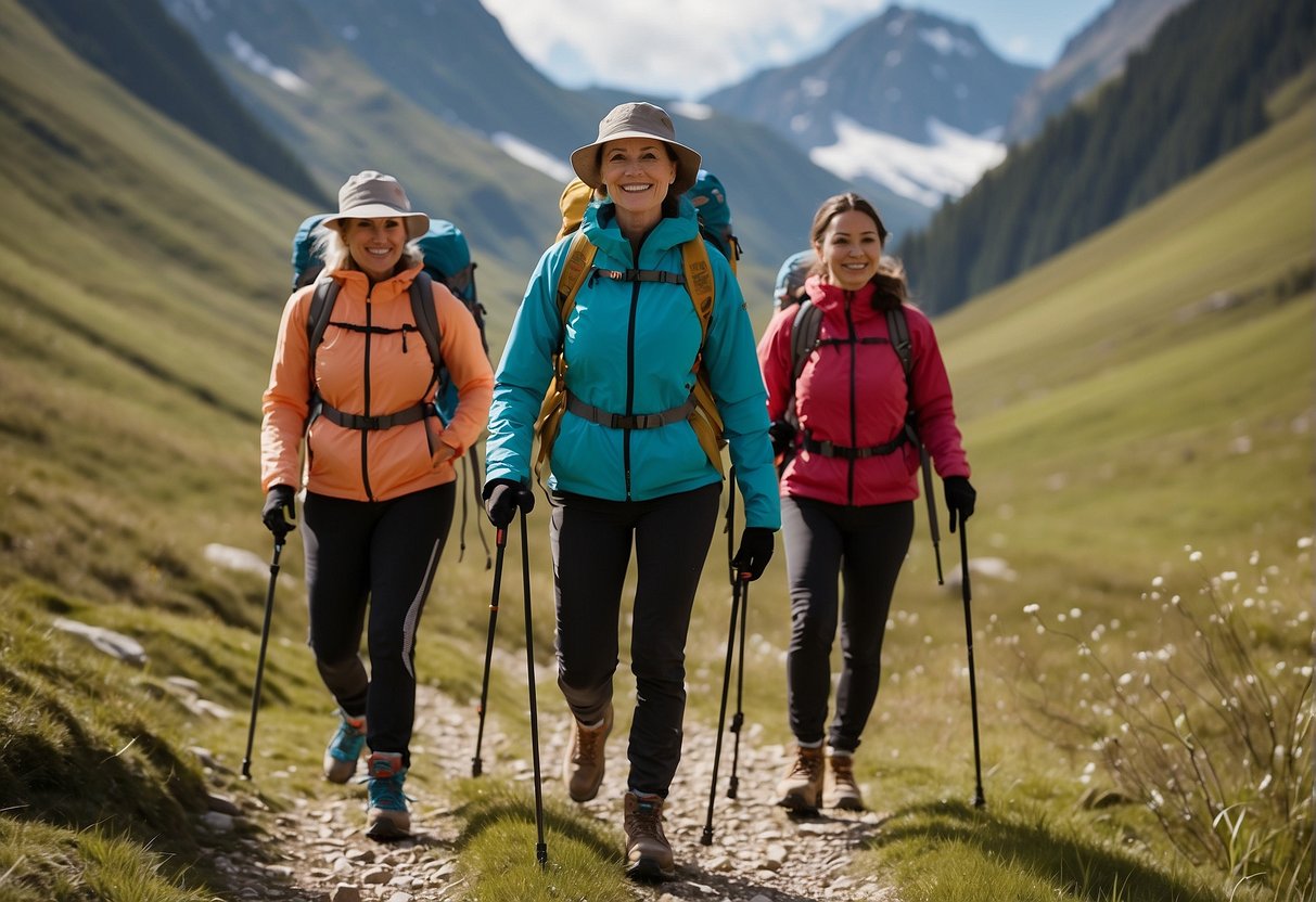 three women hiking between mountains