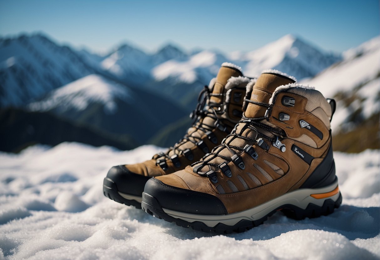 a pair of hiking boots standing on snow and a mountain
