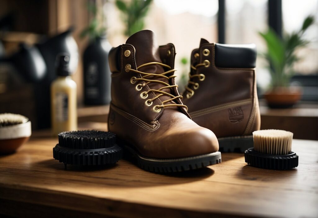 hiking boots with items to clean the shoes
