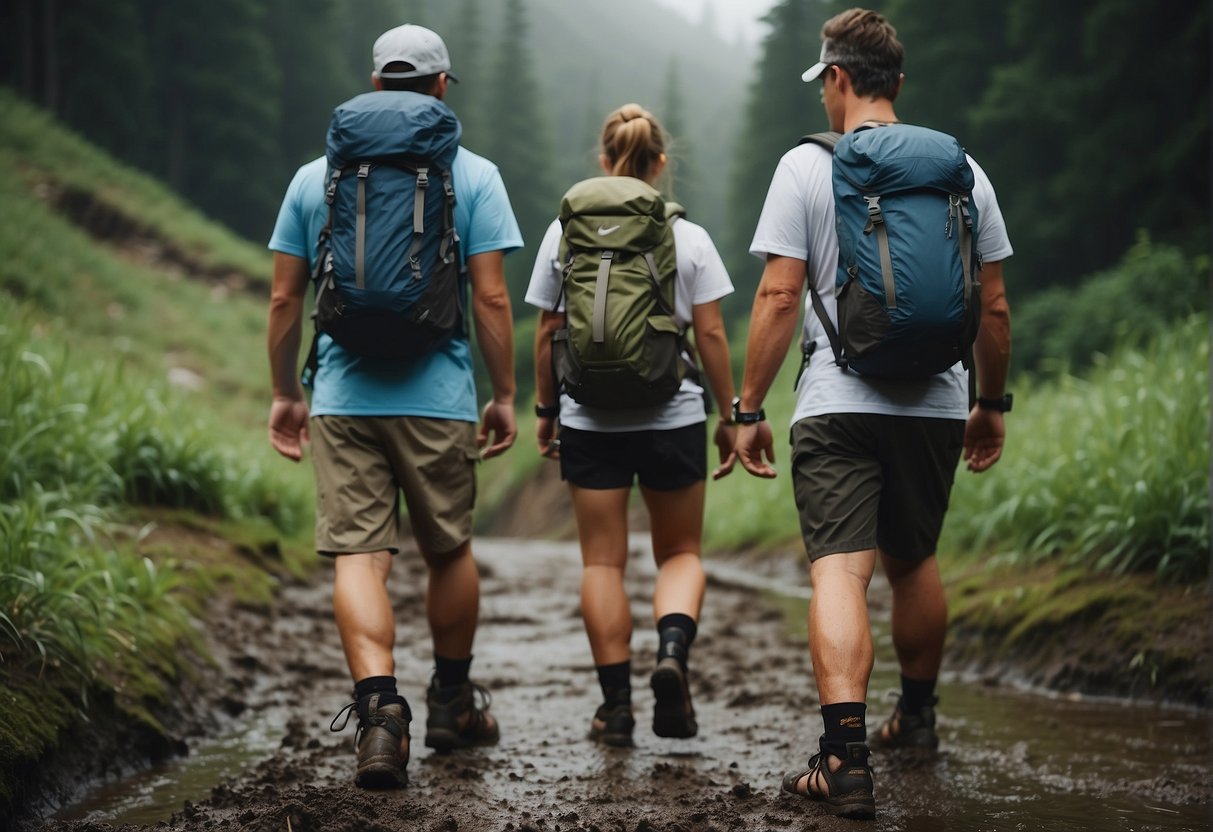 three people walking a down a really moisty trail