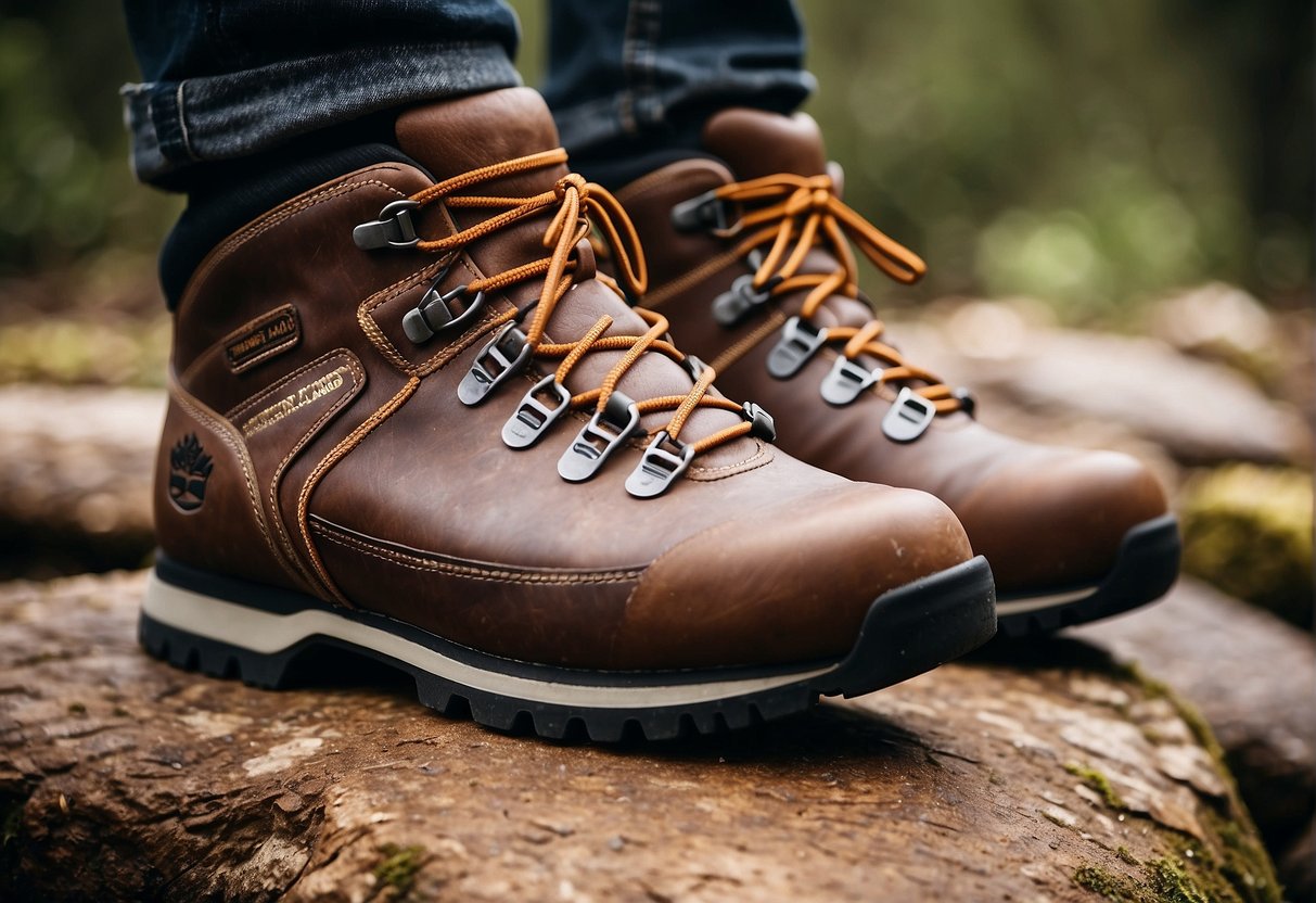 brown hiking boots in the forest
