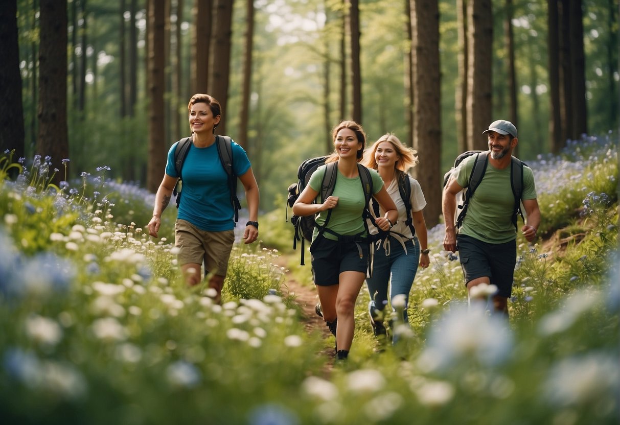 Four people hiking in a forest