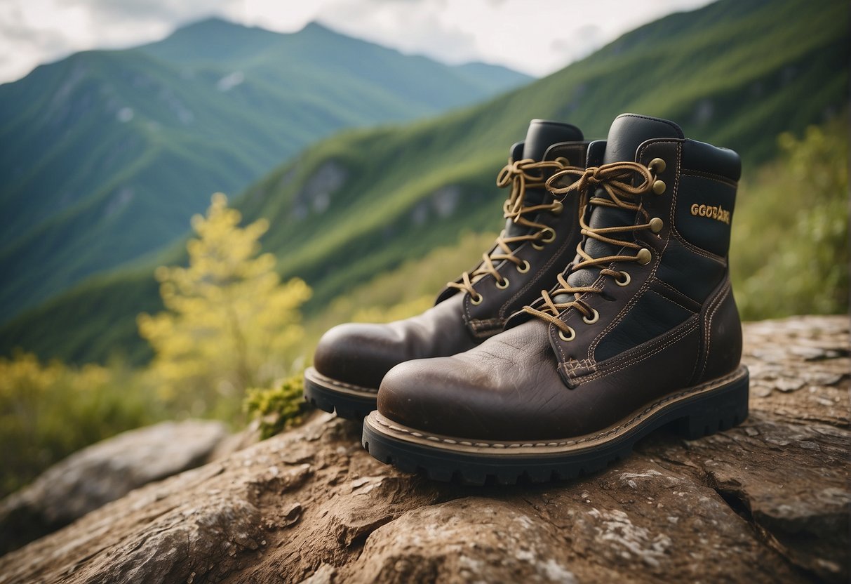 A pair of Goodyear welt hiking boots placed on a rugged terrain, surrounded by rocks, dirt, and foliage, with a backdrop of a mountainous landscape