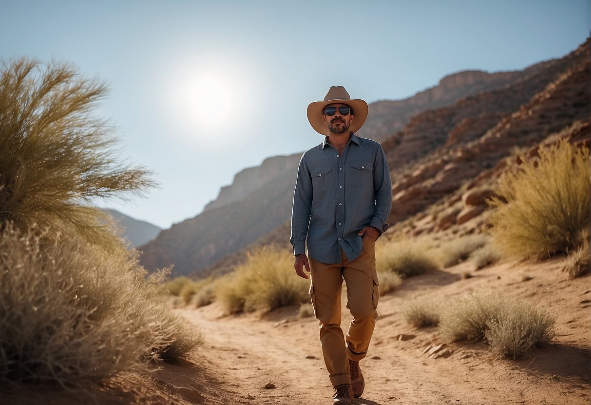 A figure stands on a desert trail, wearing a wide-brimmed hat, sunglasses, a lightweight long-sleeve shirt, cargo pants, and sturdy hiking boots