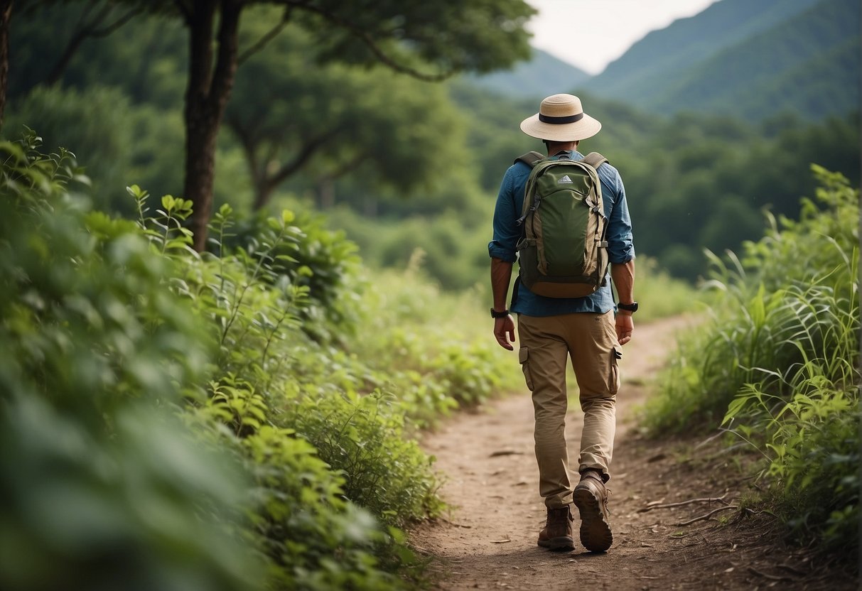 A figure in a light, breathable outfit, wearing a sun hat and hiking boots, with a backpack and water bottle, standing in front of a lush, green trail