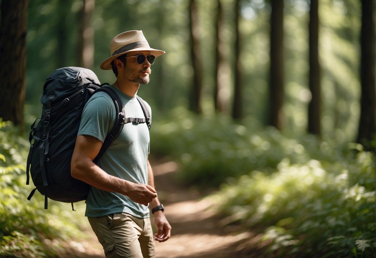 A person wearing a light, breathable t-shirt, comfortable shorts, hiking boots, a wide-brimmed hat, and sunglasses, with a small backpack and a water bottle, standing in a sunny, green forest