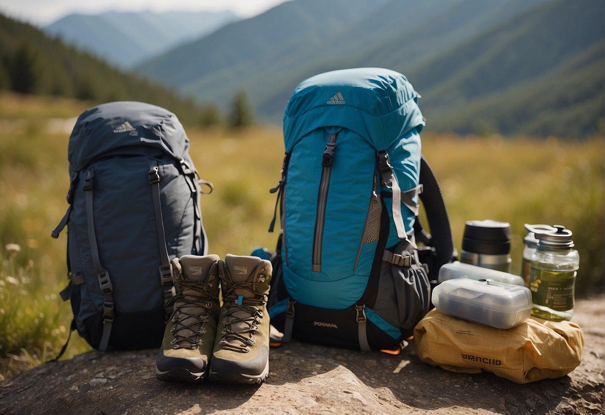 A hiker selects lightweight, breathable clothing and sturdy hiking boots. They pack a small backpack with water, snacks, and a trail map