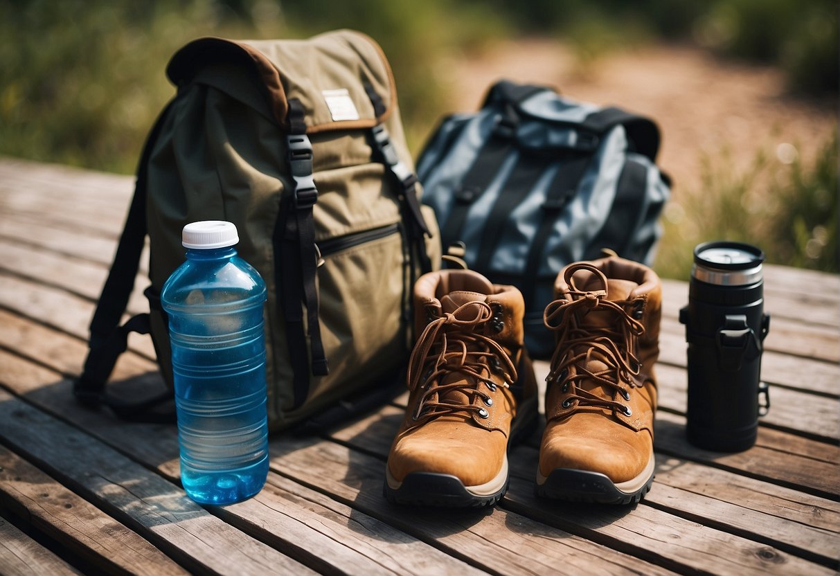 A backpack with water bottle, sunglasses, hat, and hiking boots laid out on a rustic wooden table