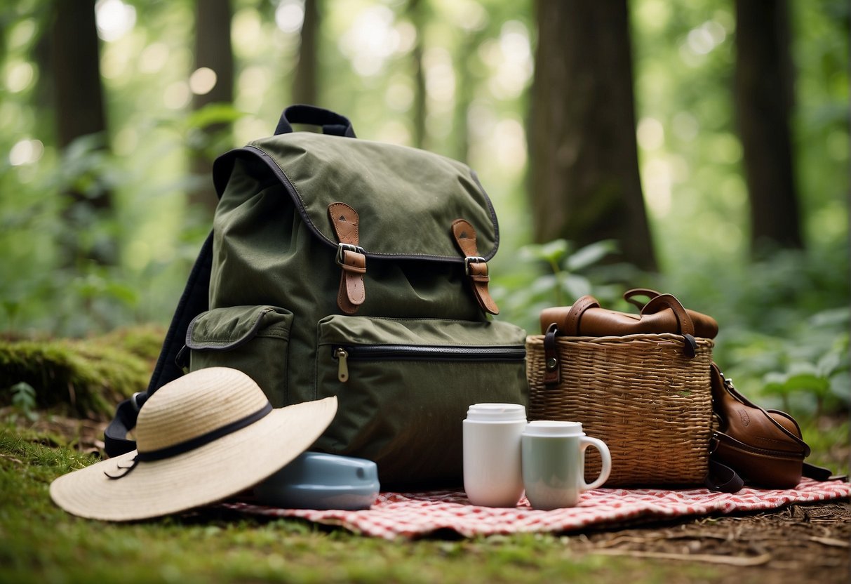 A person's backpack and hiking boots laid out next to a sunhat and sunscreen on a picnic blanket in a lush green forest clearing