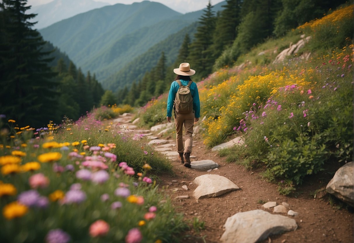 A figure in a korean hiking outfit stands on a mountain trail, surrounded by lush greenery and colorful wildflowers. The outfit consists of a wide-brimmed hat, a light jacket, comfortable pants, and sturdy hiking boots