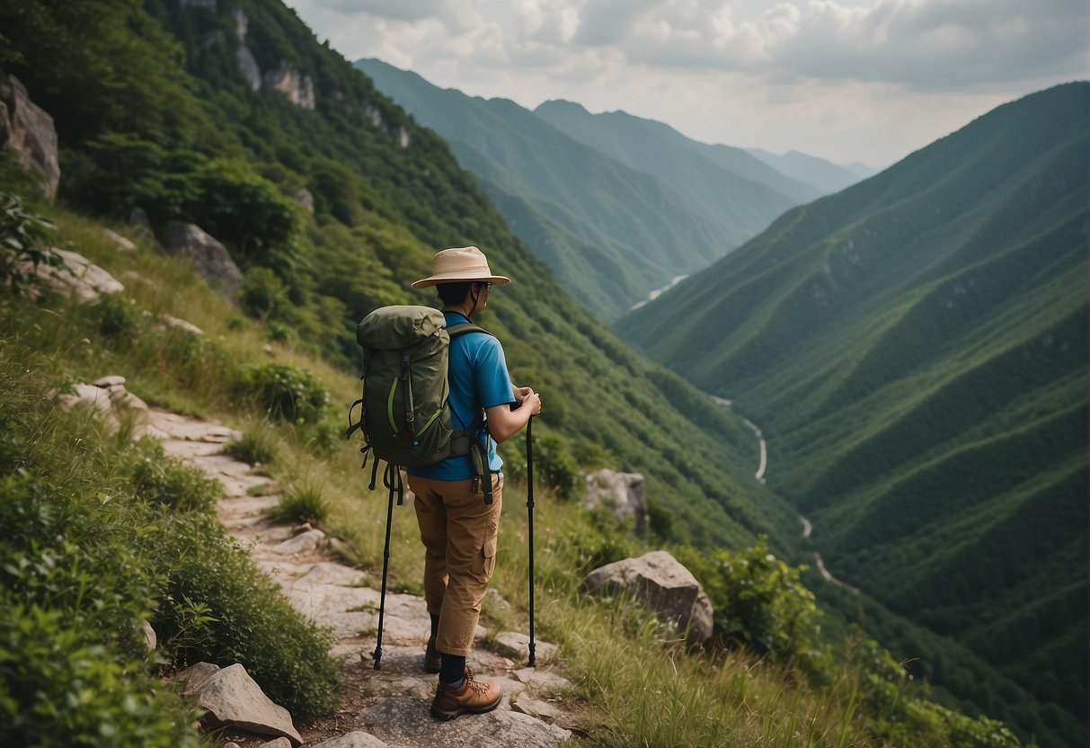 A hiker stands on a rocky trail, surrounded by lush green mountains. They wear a traditional Korean hiking outfit, complete with a wide-brimmed hat and sturdy hiking boots. The hiker holds a camera, capturing the scenic view