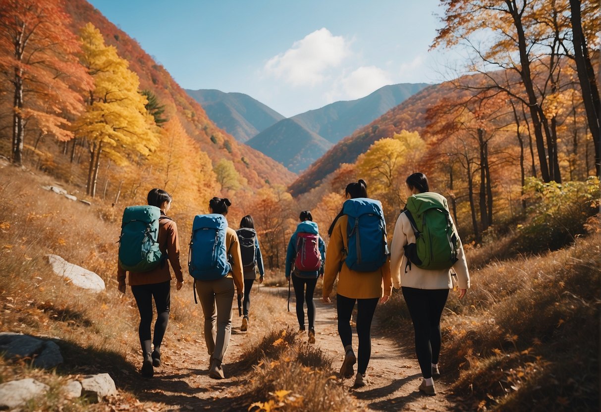 A group of hikers wearing Korean hiking outfits trek through a colorful autumn forest, with vibrant foliage and a clear blue sky above