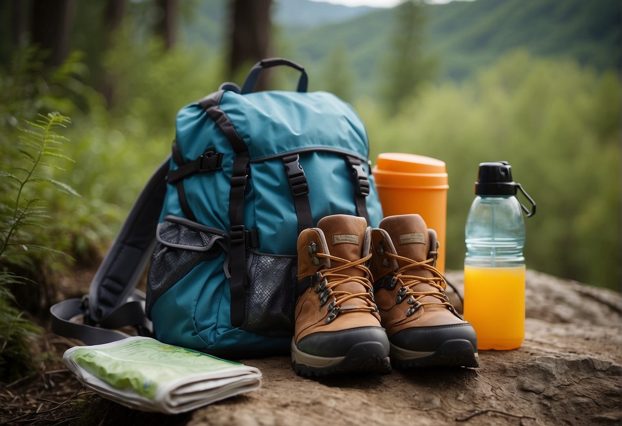 A backpack lies open on the ground, filled with water bottle, snacks, map, and sunscreen. Hiking boots and a hat sit nearby