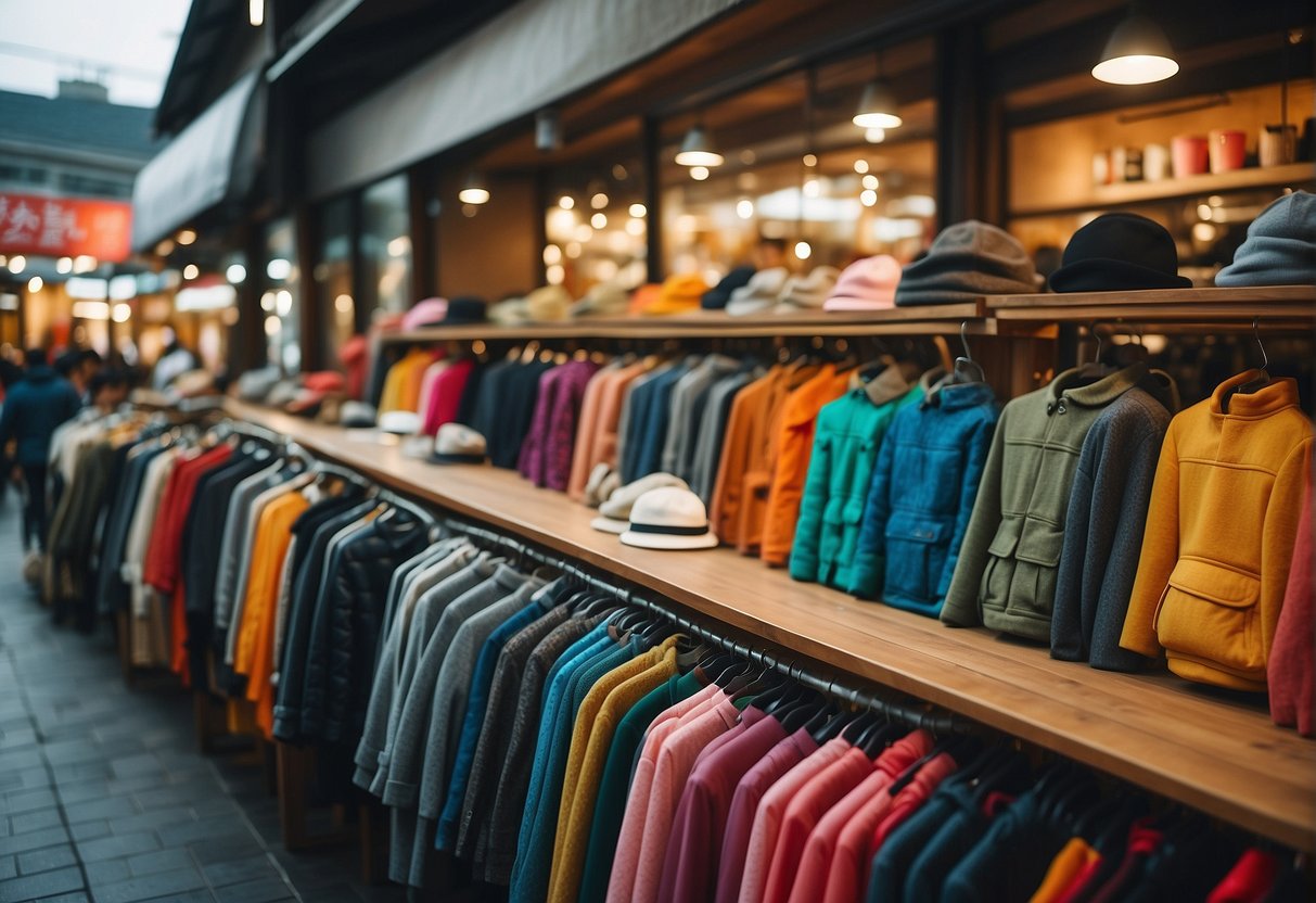 A colorful array of Korean hiking outfits displayed in a bustling market, showcasing popular brands and local favorites