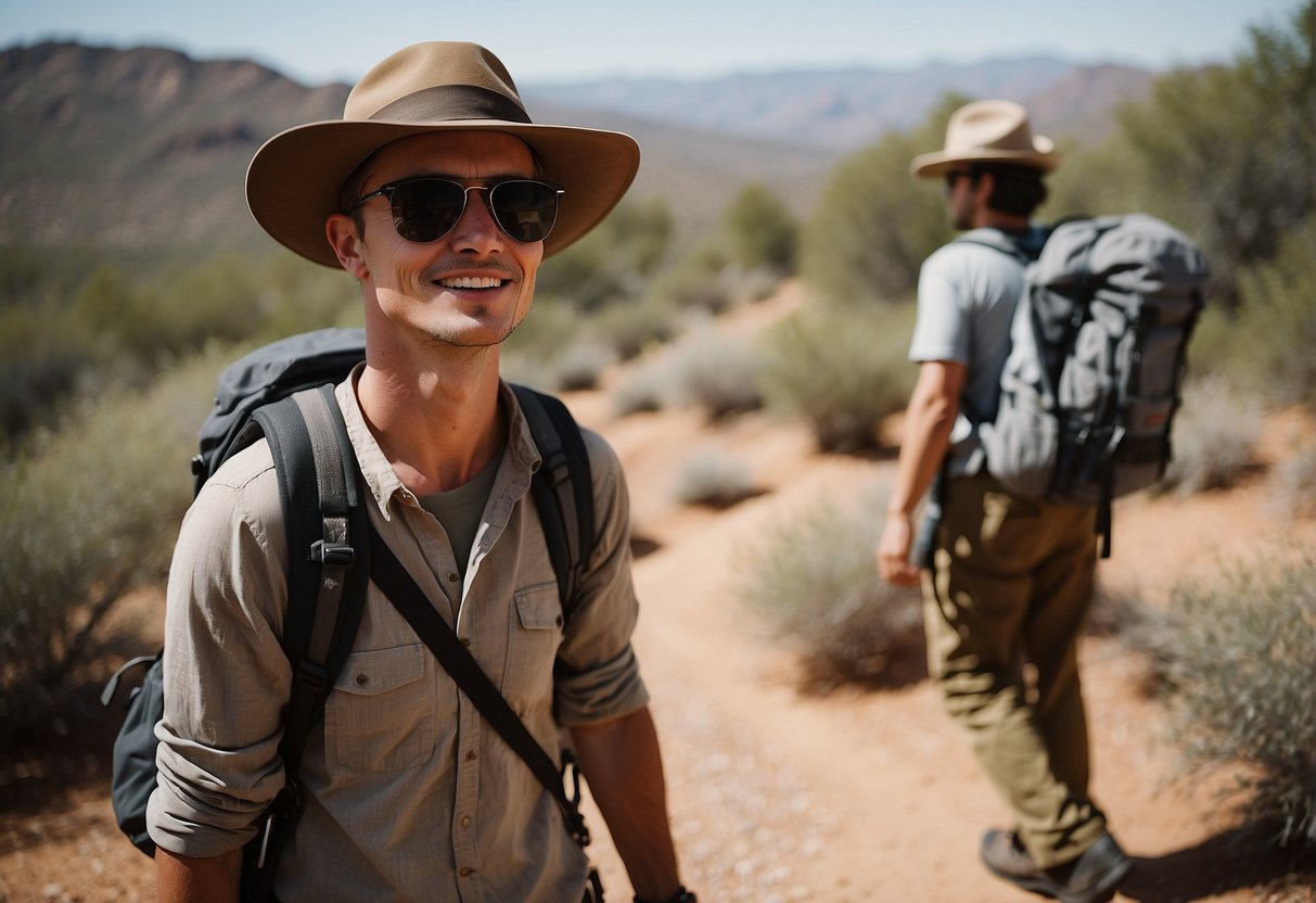 A hiker in Arizona wearing a wide-brimmed hat, sunglasses, lightweight long-sleeve shirt, cargo pants, sturdy hiking boots, and a backpack