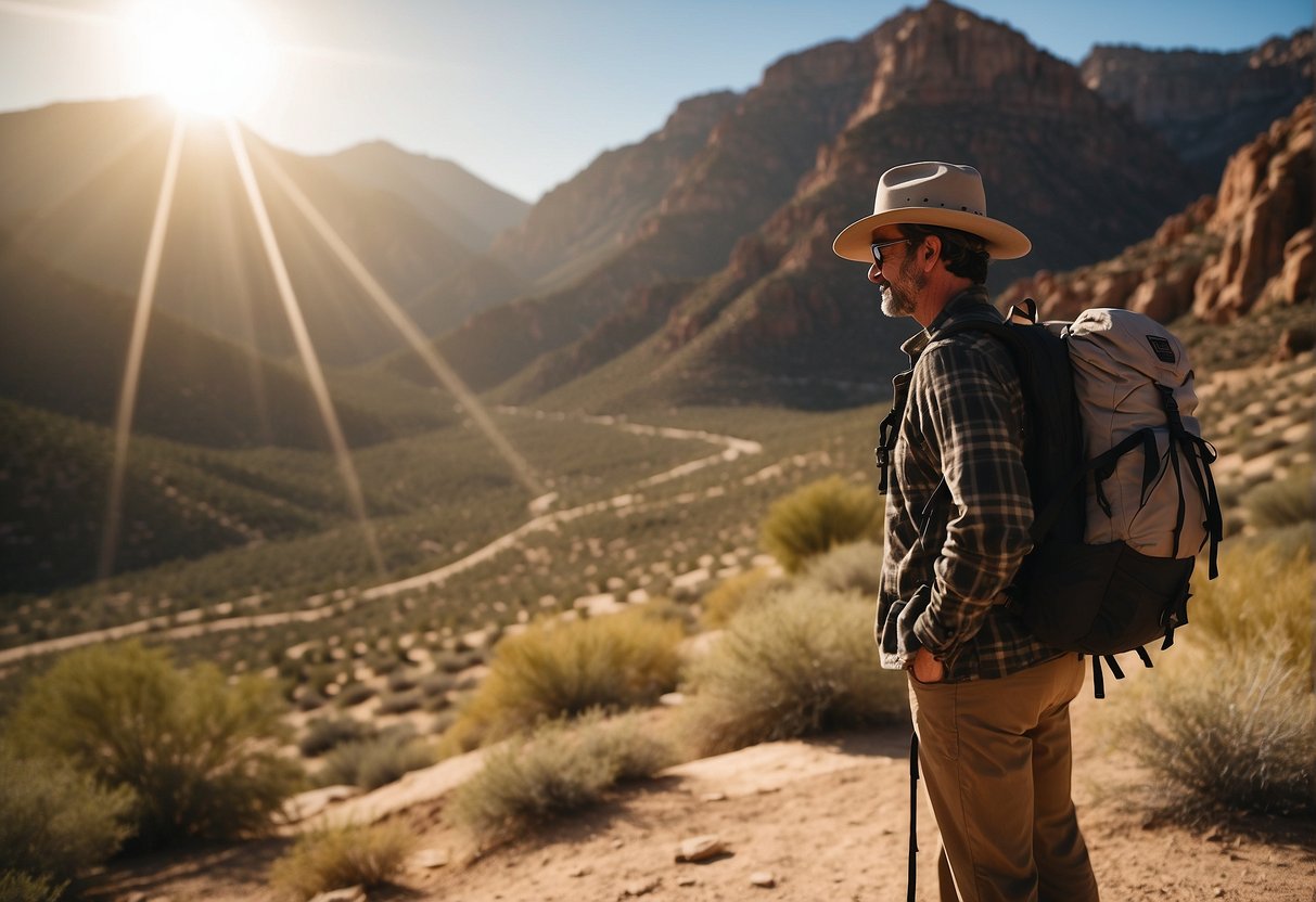 A hiker stands in front of a map, wearing a wide-brimmed hat, sunglasses, a backpack, and hiking boots. The sun is shining, and the desert landscape stretches out behind them
 Arizona hiking outfit