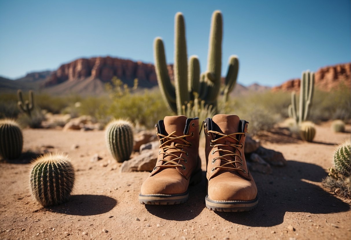 A desert landscape with cacti, red rock formations, and a clear blue sky. Hiking boots, a backpack, and a wide-brimmed hat are set against the backdrop