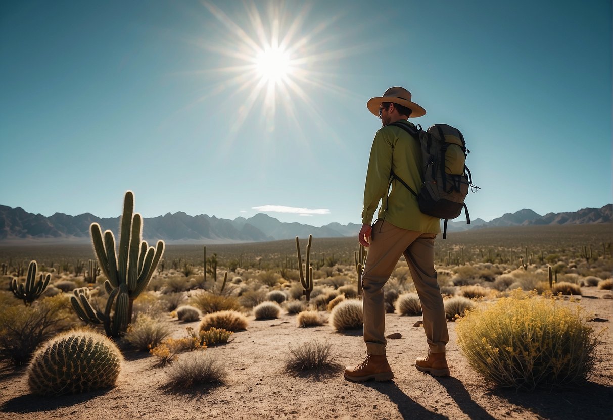 A hiker stands in the desert, wearing a wide-brimmed hat, sunglasses, a lightweight long-sleeve shirt, cargo pants, hiking boots, and a backpack. The sun is shining, and cacti dot the landscape
