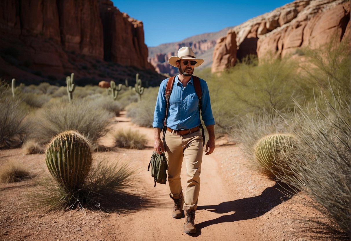 A desert trail with cacti, red rock formations, and a clear blue sky. A hiker in lightweight, breathable clothing with sturdy boots and a wide-brimmed hat