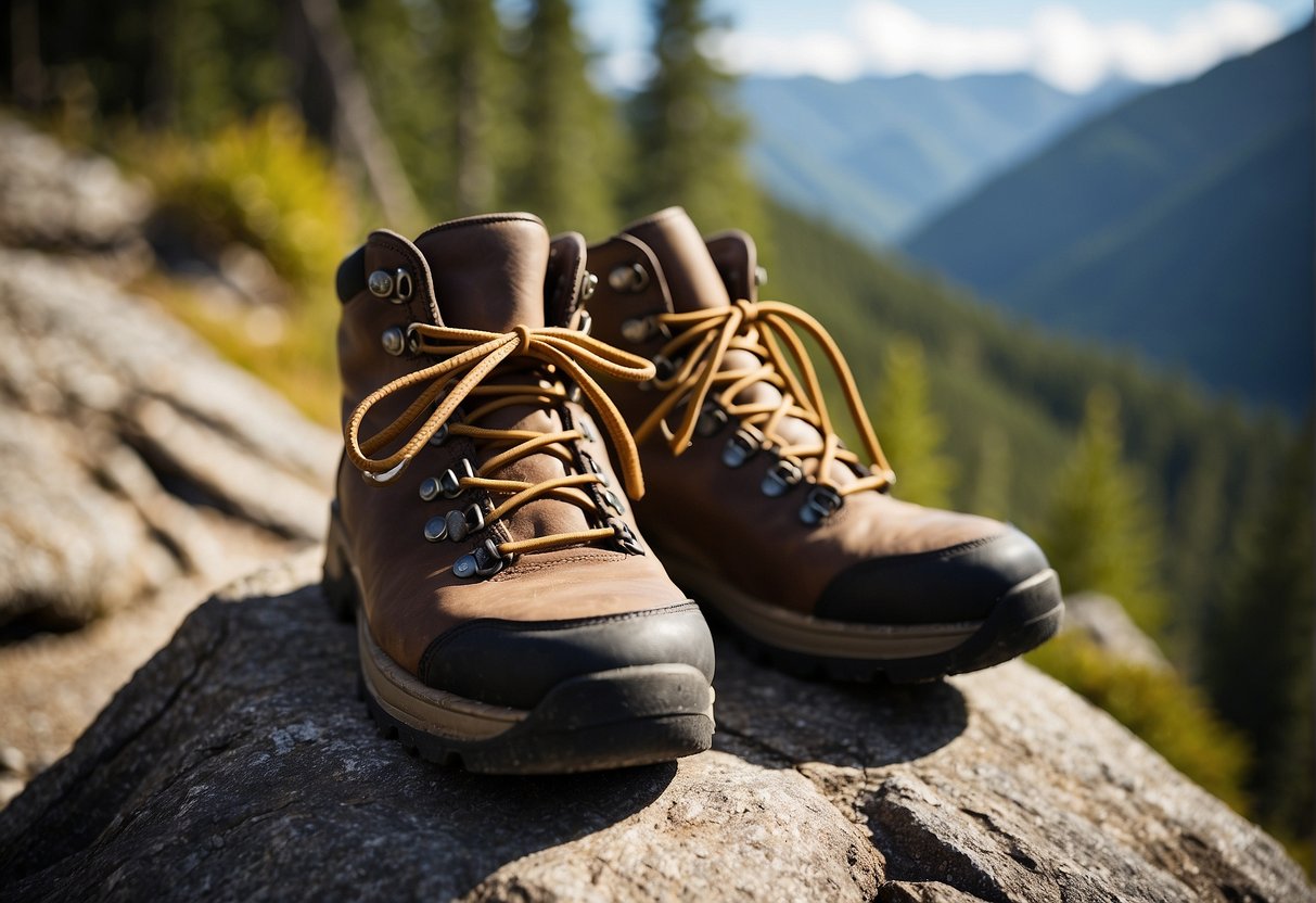 A pair of worn hiking boots sits on a rocky trail, surrounded by trees and mountains. The soles are worn, the laces are frayed, and the leather is scuffed