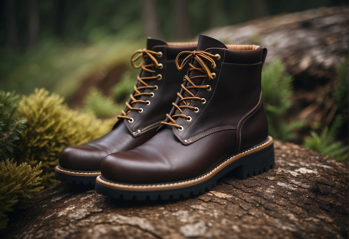 A close-up view of goodyear welt hiking boots, showcasing the durable leather upper, sturdy rubber sole, and visible stitching around the welt