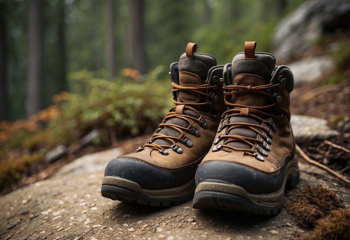 A pair of worn-out hiking boots next to a new pair. The old boots show signs of heavy use, with worn-out soles and scuffed leather