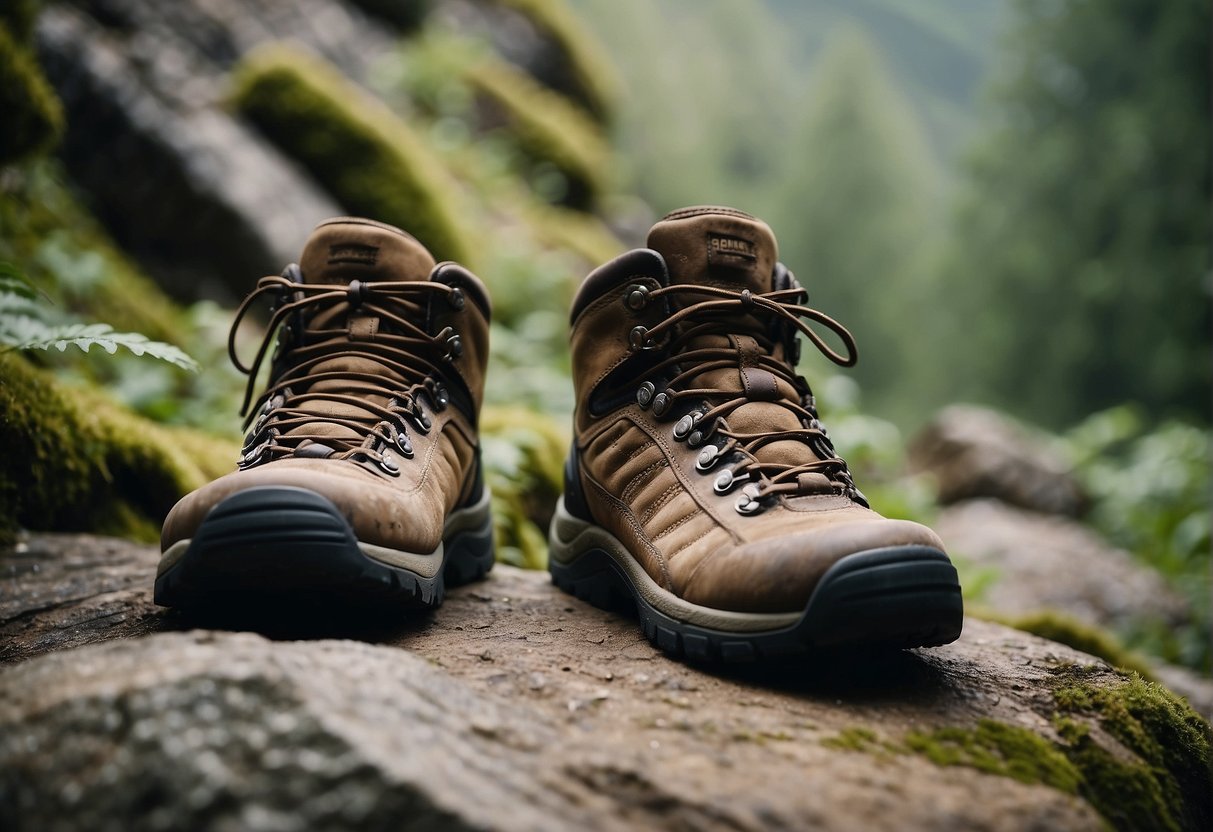 A pair of worn-out hiking boots lying next to a rugged trail, surrounded by rocky terrain and lush greenery, showcasing the importance of durable and high-quality footwear for outdoor adventures
how long do hiking boots last