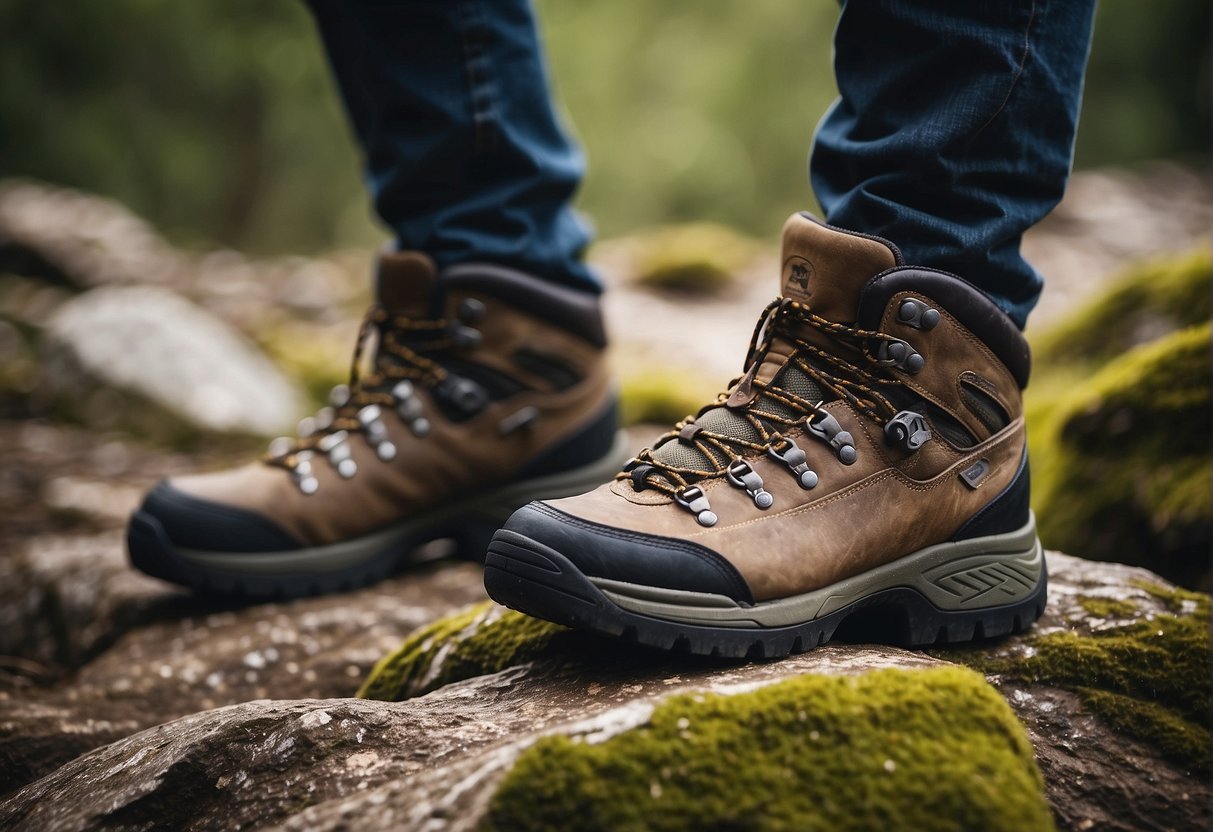 Hiking boots on rocky trail, showing signs of wear on soles and scuffing on uppers
