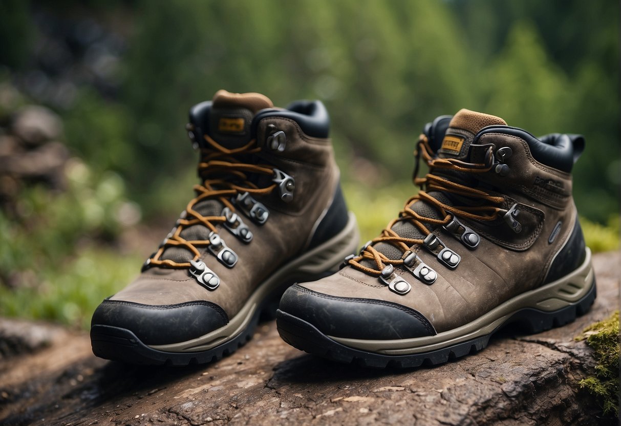 A pair of worn hiking boots sits next to a rugged trail, surrounded by rocky terrain and lush greenery, showcasing the durability and value of proper hiking footwear