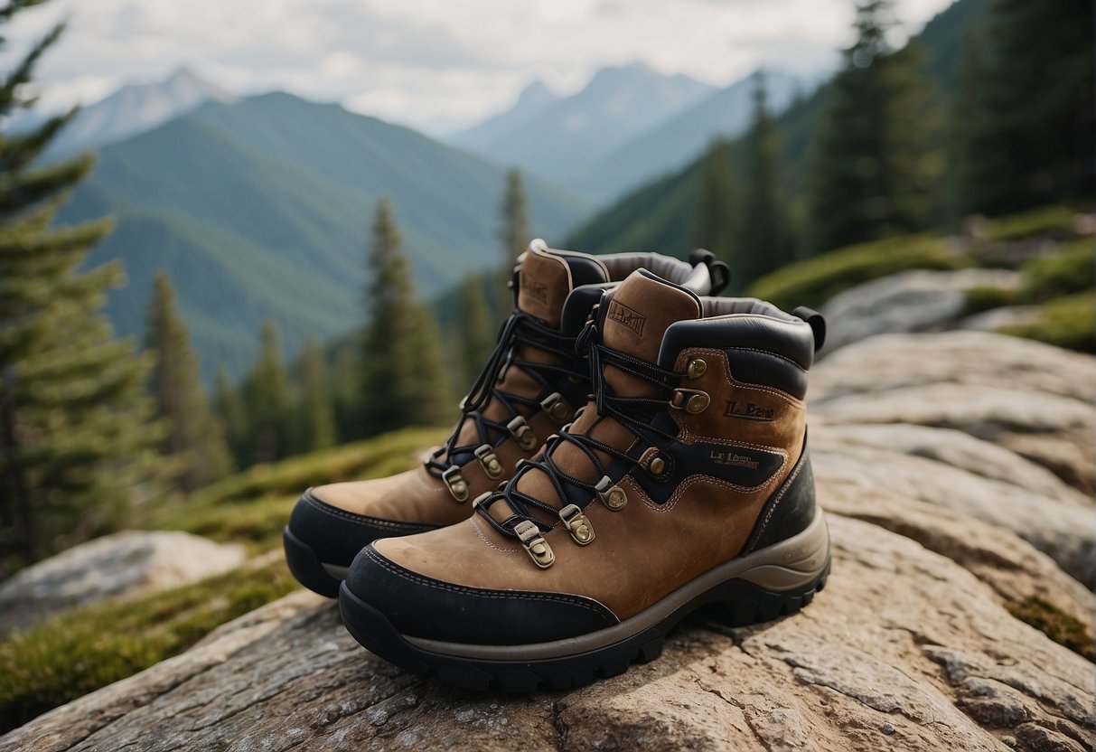 A pair of LL Bean Cresta hiking boots sitting on a rocky trail, surrounded by pine trees and a distant mountain peak