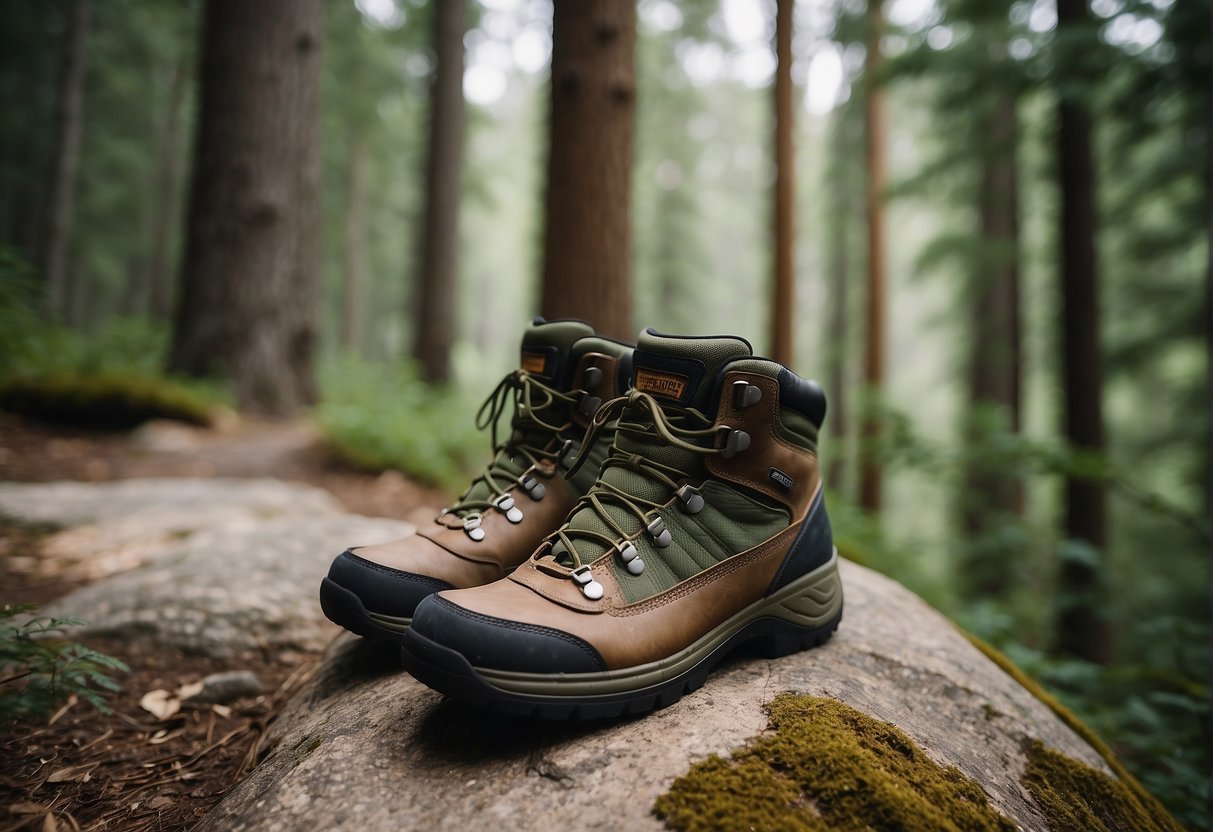 A pair of LL Bean Cresta hiking boots resting on a rocky trail, surrounded by lush greenery and towering pine trees