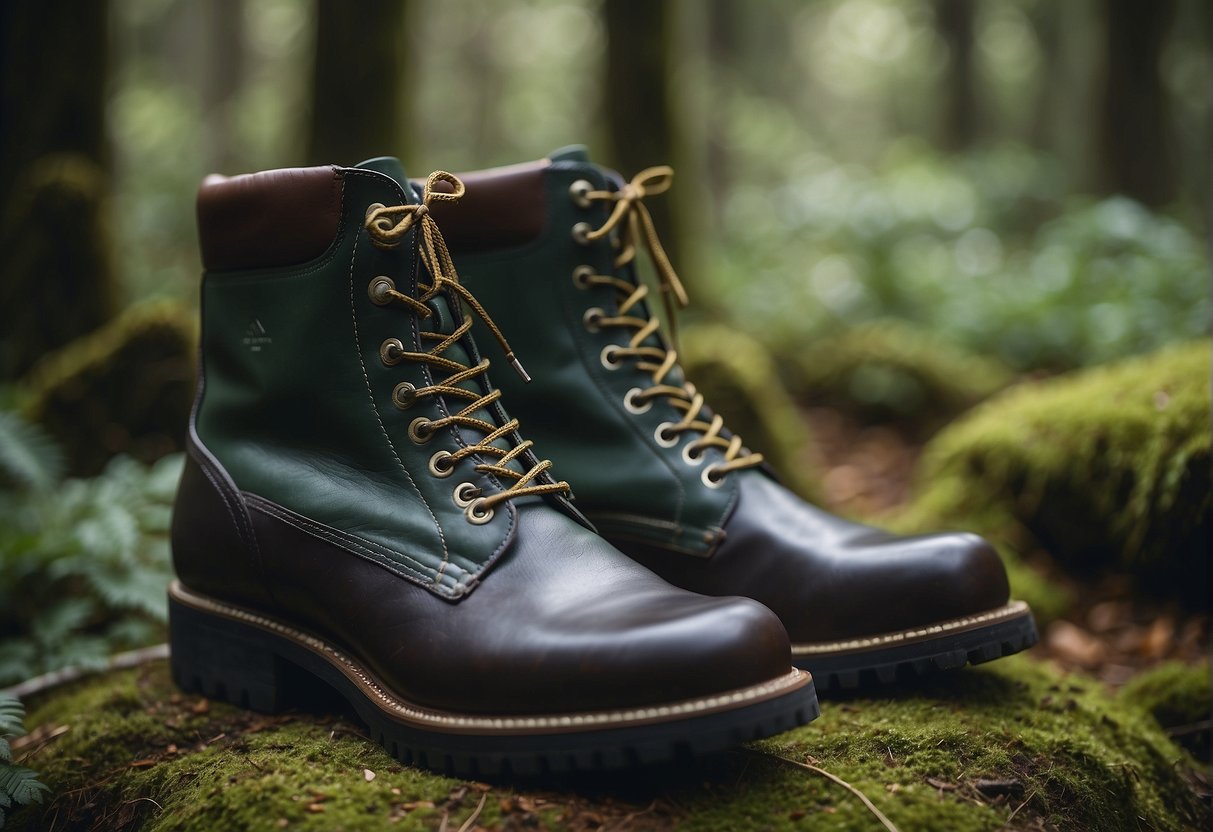 A pair of sturdy goodyear welt hiking boots, featuring durable leather and cushioned insoles, resting on a mossy forest floor