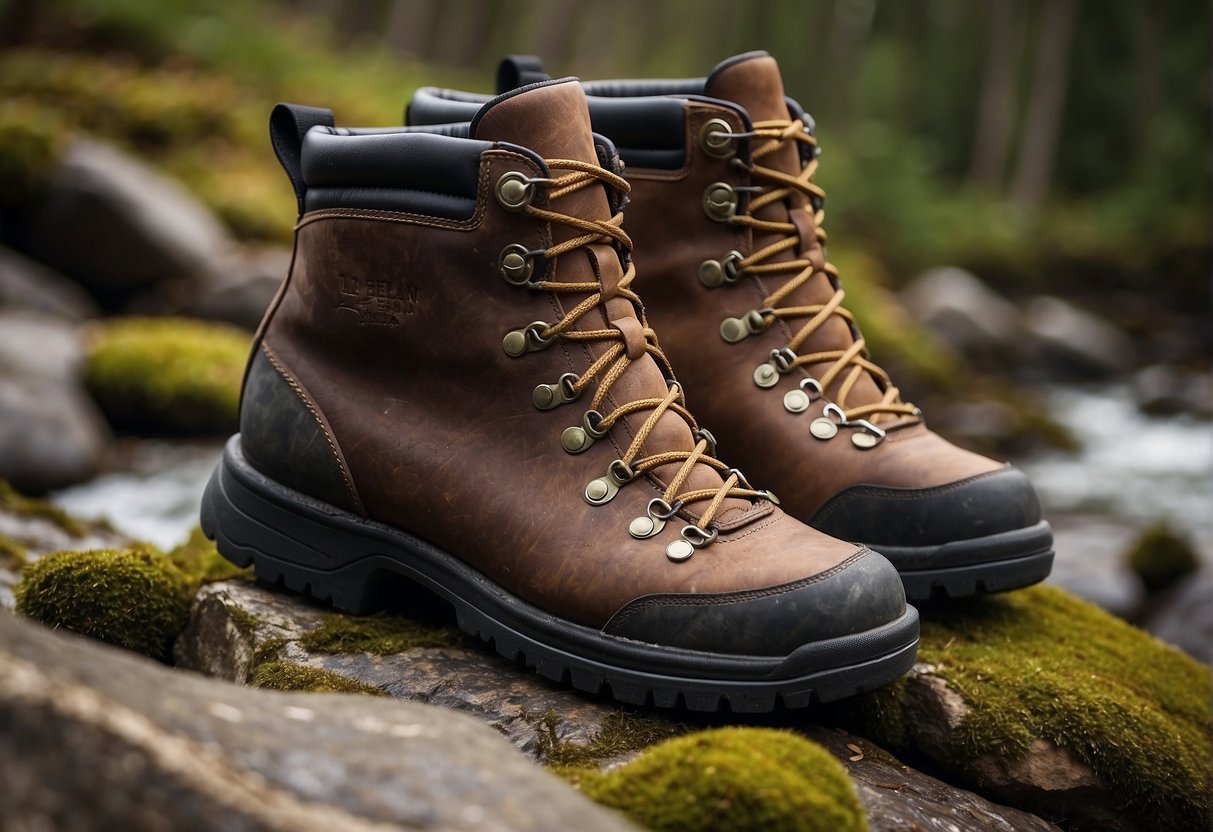 The LL Bean Cresta hiking boots feature rugged leather construction, sturdy laces, and a durable rubber sole with deep treads