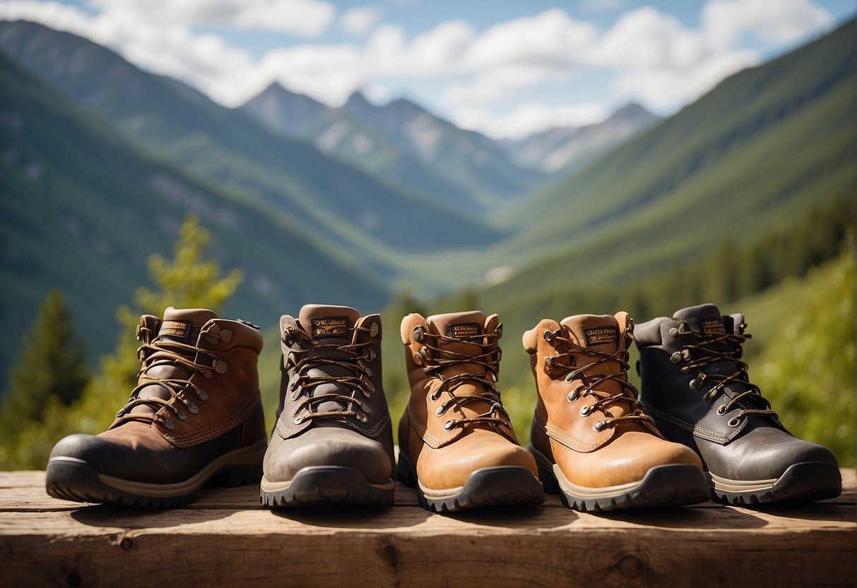A display of LL Bean Cresta hiking boots in various colors and sizes, arranged neatly on a wooden shelf with a backdrop of a rugged mountain landscape