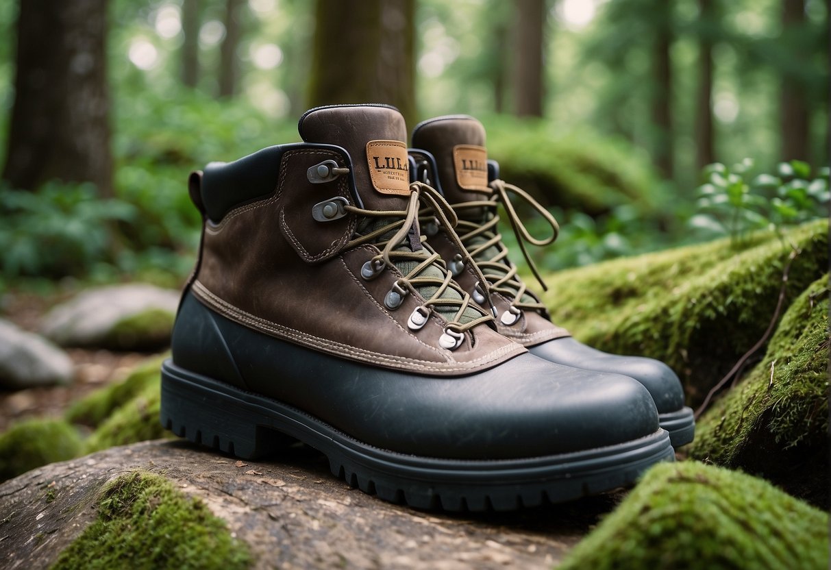 A pair of LL Bean Cresta hiking boots sits on a rocky trail, surrounded by lush greenery and towering trees. The boots are laced up and appear ready for a rugged adventure
