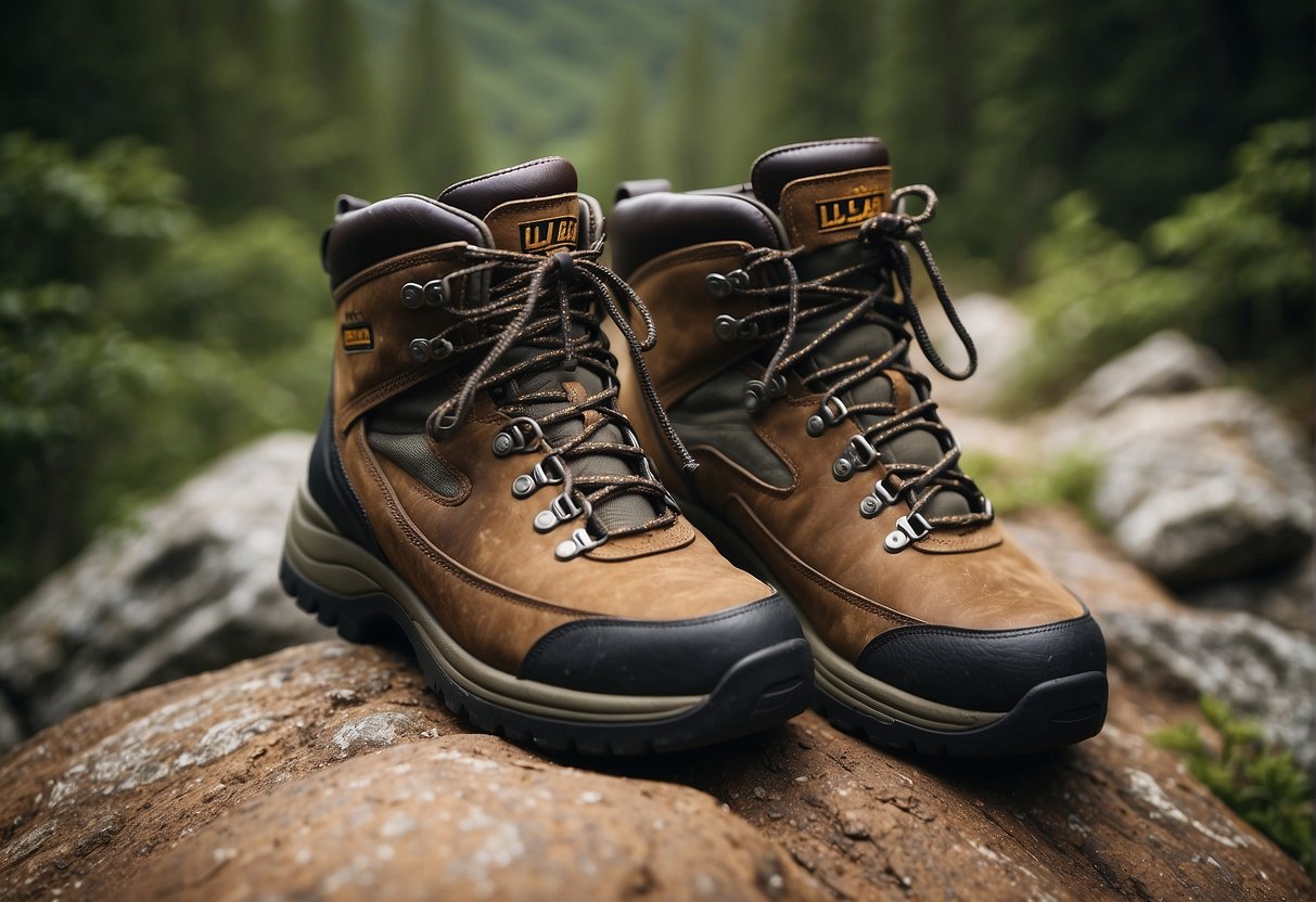 A pair of LL Bean Cresta hiking boots placed on a rugged mountain trail, surrounded by lush greenery and rocky terrain. The boots are well-worn and show signs of outdoor adventure