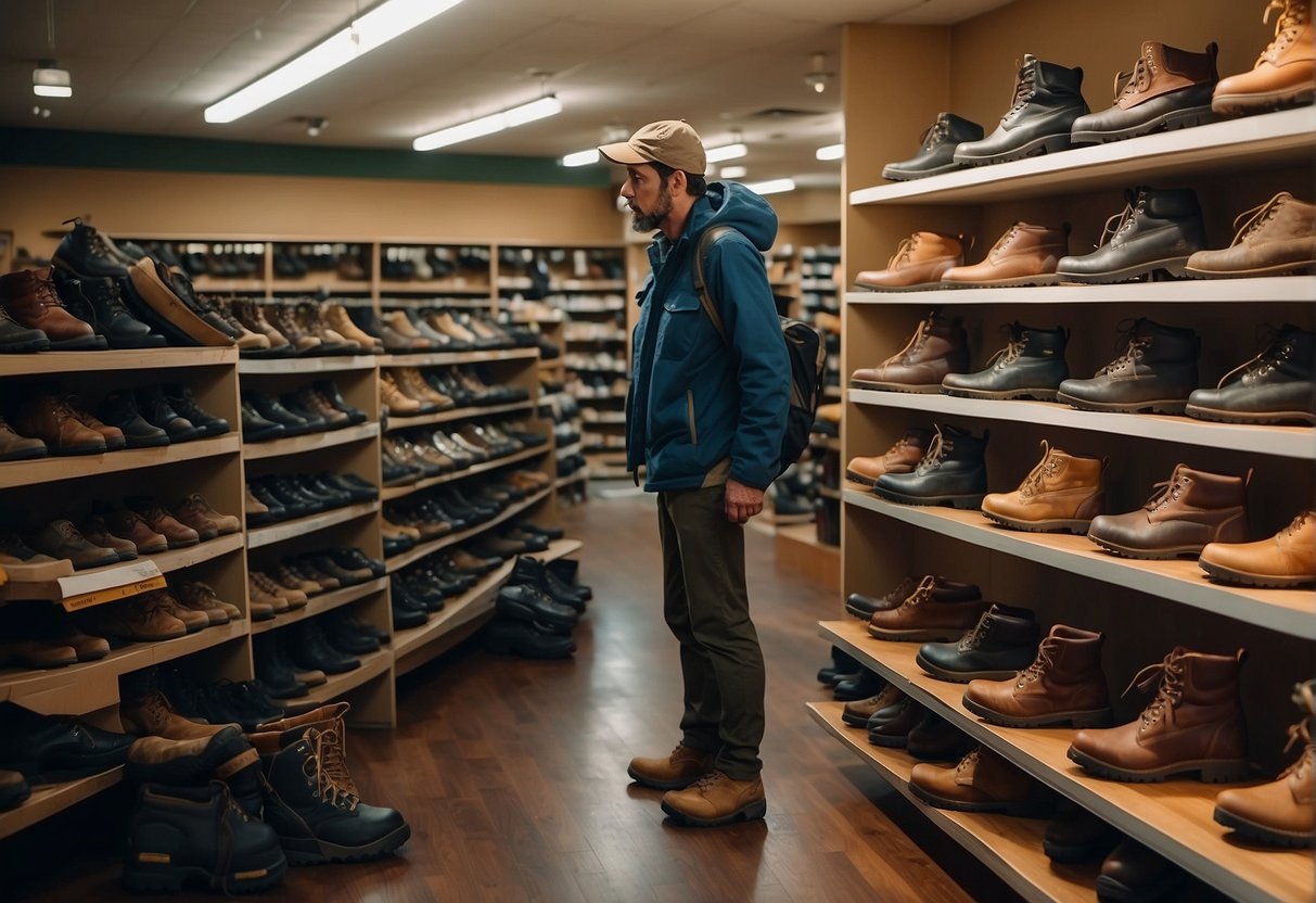 A hiker examines LL Bean Cresta hiking boots in a well-lit outdoor store, surrounded by shelves of outdoor gear and a backdrop of a scenic mountain landscape