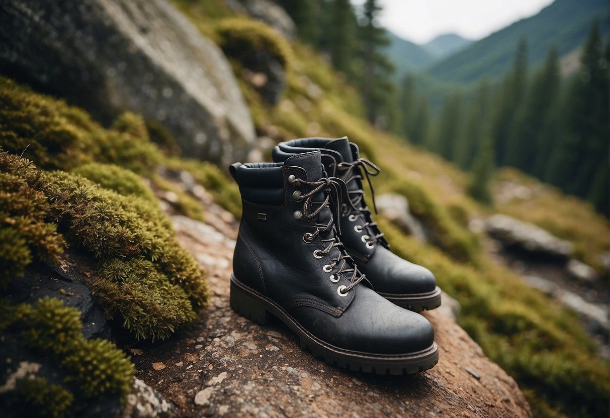 A pair of Ganni hiking boots on a rugged trail, surrounded by towering trees and rocky terrain
